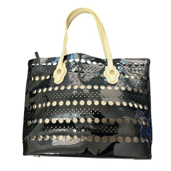 Spartina 449 Handbags - Spartina 449 Black Patent Leather Tote Bag Laser-Cut Dots With Beige Handles